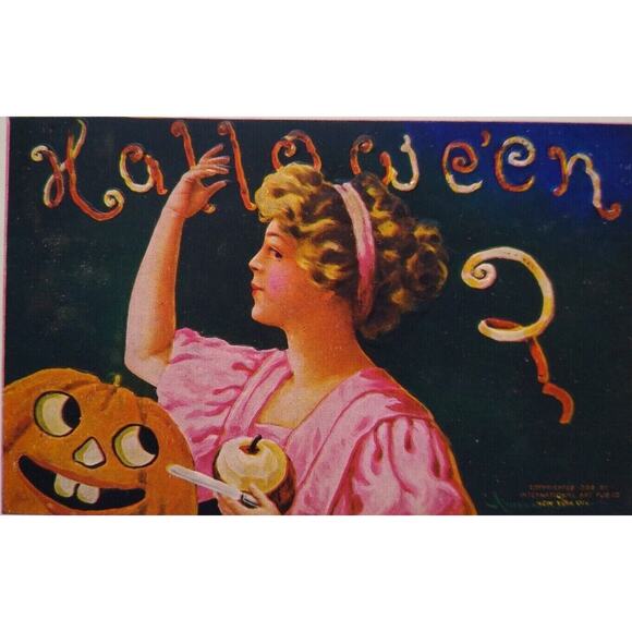 Halloween Postcard Fantasy Goblin Pumpkin Comes Alive Apple Peels Bernhard Wall
